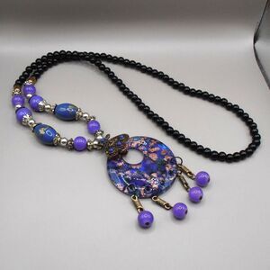 Blue & Black Handcrafted Beaded Slip On Necklace With Glass Pendant